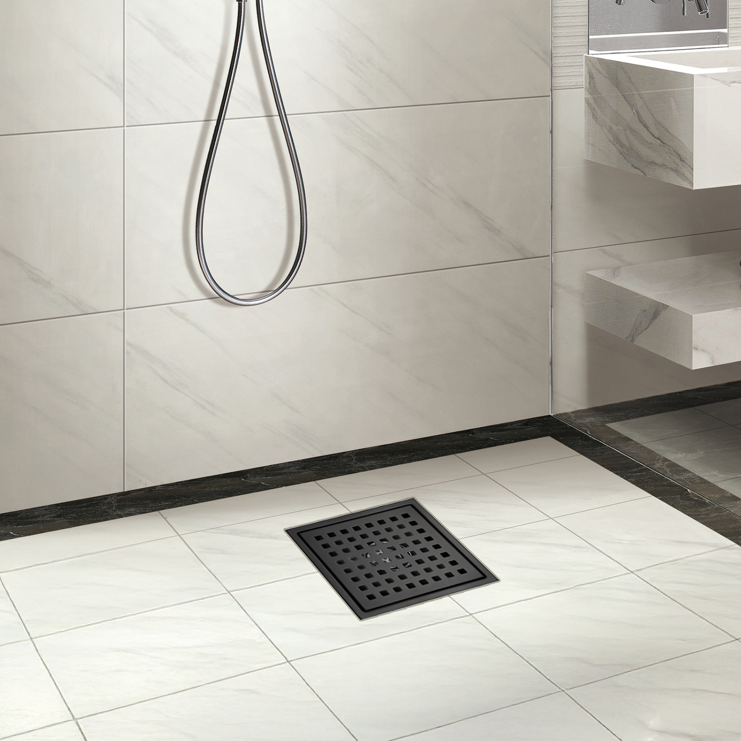 AQUADOM OCEANIC Square Shower Drain Grid Cover, with hair strainer, Marine-Grade 316 stainless steel - Matte Black