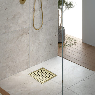 AQUADOM OCEANIC Square Shower Drain Grid Cover, with hair strainer, Marine-Grade 316 stainless steel - Brushed Gold