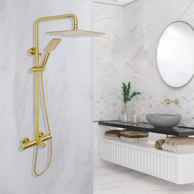 AQUADOM ZEN Three Function Thermostatic Exposed Shower System with Square 10"x10"x1/5" Rain Shower Head and 3 Functions Hand Shower and Tub Spout - Brushed Gold