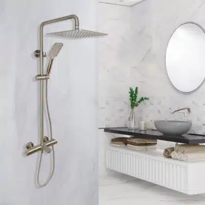 AQUADOM ZEN Three Function Thermostatic Exposed Shower System with Square 10"x10"x1/5" Rain Shower Head and 3 Functions Hand Shower and Tub Spout - Brushed Nickel