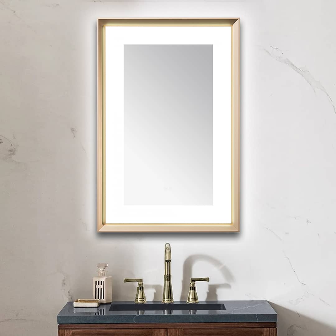  AQUADOM Madison 24"x36"x2.28" LED Lighted Chamfer Frame Mirror with Defogger, 3 Color Lighting, Wall Mount Vertical or Horizontal Installation in Brushed Gold