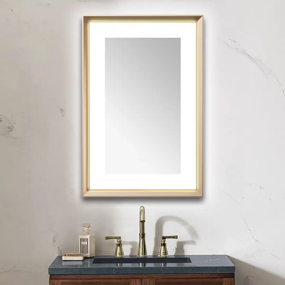  AQUADOM Madison 24"x36"x2.28" LED Lighted Chamfer Frame Mirror with Defogger, 3 Color Lighting, Wall Mount Vertical or Horizontal Installation in Brushed Gold