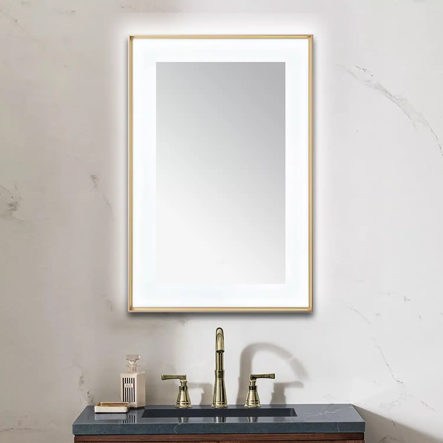  AQUADOM Lexington 24"x36"x2.28"LED Lighted Slim Frame Mirror with Defogger, 3 Color Lighting, Wall Mount Vertical or Horizontal Installation in Brushed Gold
