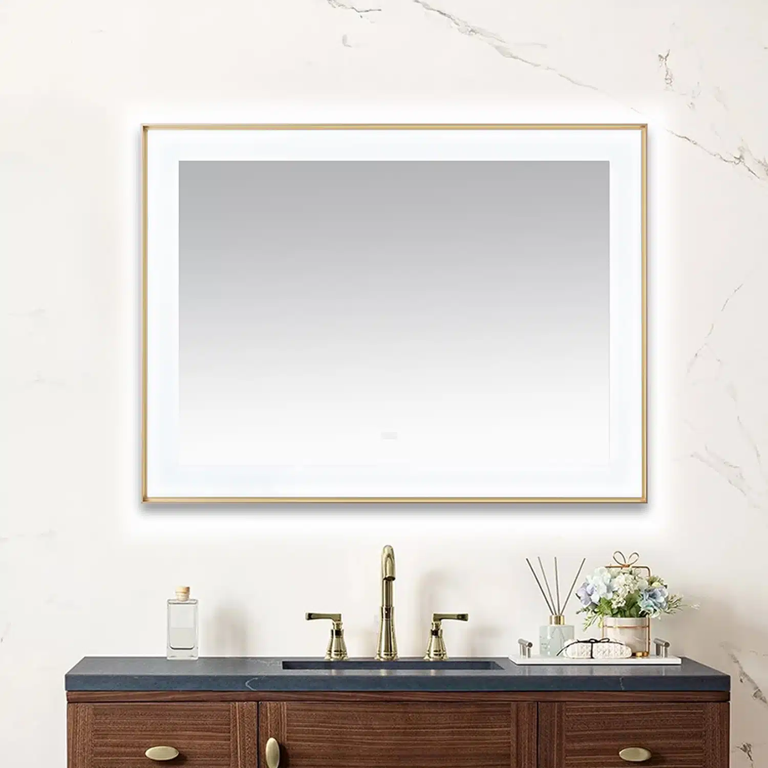  AQUADOM Lexington 48"x36"x2.28" LED Lighted Slim Frame Mirror with Defogger, 3 Color Lighting, Wall Mount Vertical or Horizontal Installation in Brushed Gold