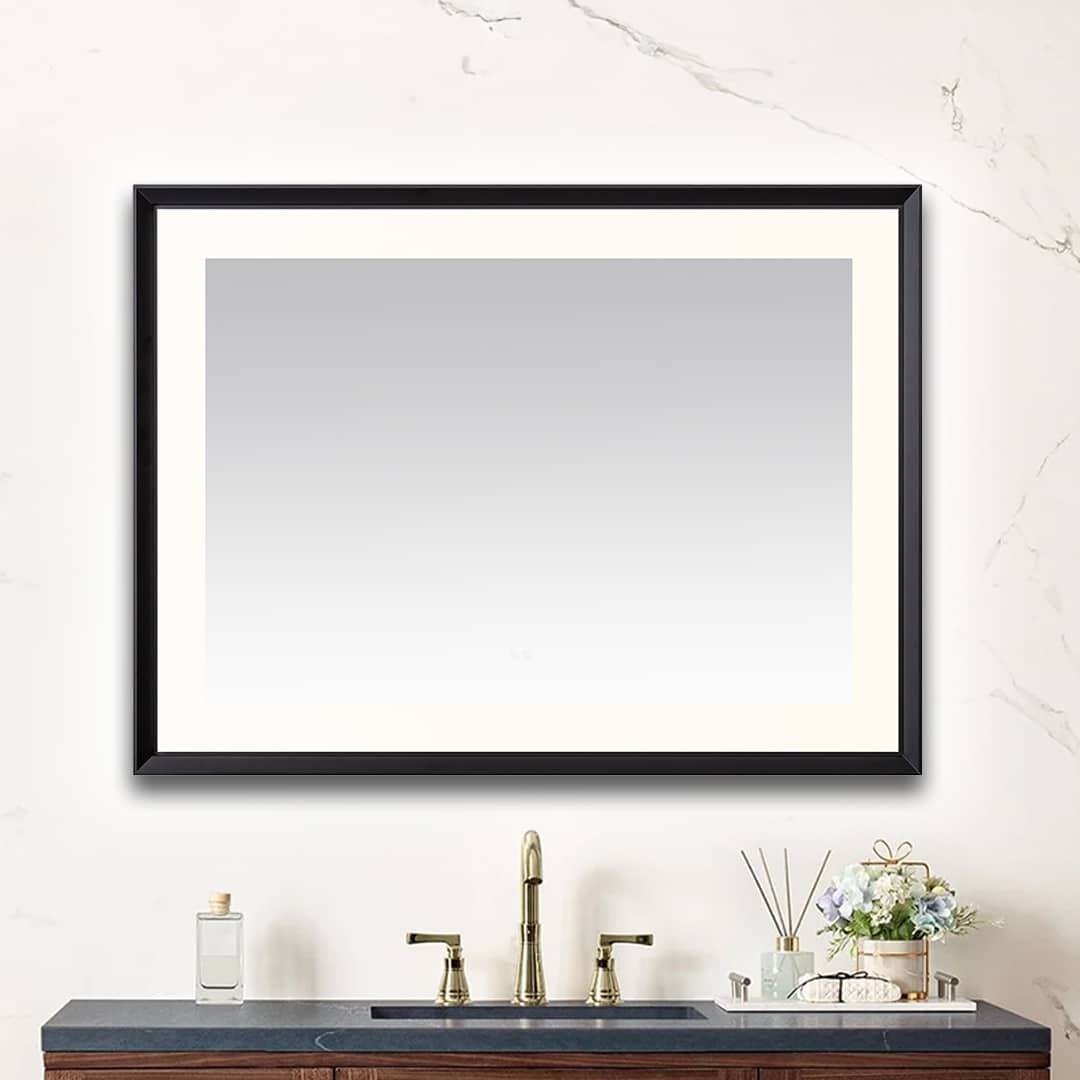  AQUADOM Madison 48"x36"x2.28" LED Lighted Chamfer Frame Mirror with Defogger, 3 Color Lighting, Wall Mount Vertical or Horizontal Installation in Matte Black