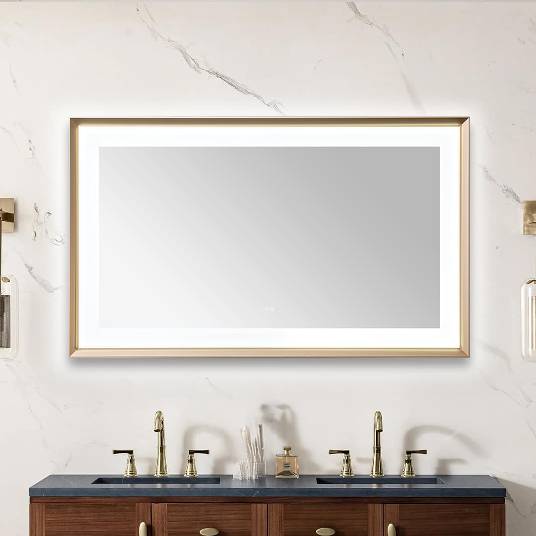 AQUADOM Madison 60"x36"x2.28" LED Lighted Chamfer Frame Mirror with Defogger, 3 Color Lighting, Wall Mount Vertical or Horizontal Installation in Brushed Gold