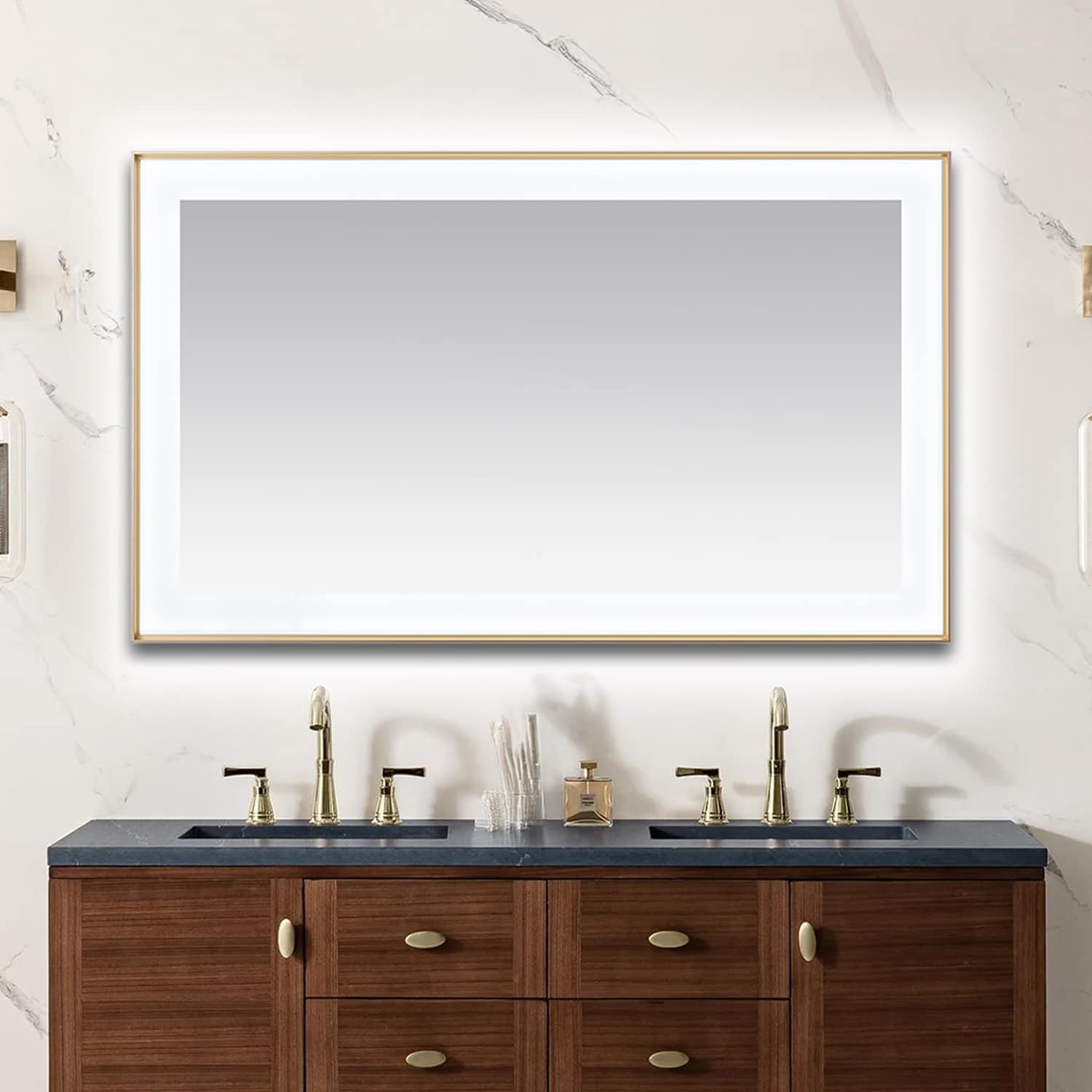  AQUADOM Lexington 60"x36"x2.28" LED Lighted Slim Frame Mirror with Defogger, 3 Color Lighting, Wall Mount Vertical or Horizontal Installation in Brushed Gold