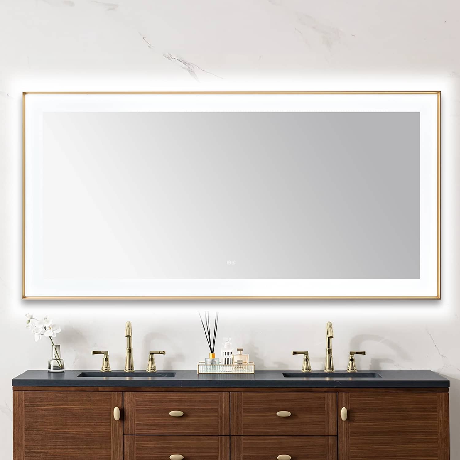  AQUADOM Lexington 72"x36"x2.28" LED Lighted Slim Frame Mirror with Defogger, 3 Color Lighting, Wall Mount Vertical or Horizontal Installation in Brushed Gold